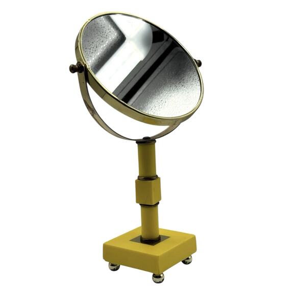 Vintage Yellow Vanity Mirror 1970s Celluloid Footed Brass 11" Swivel 2 Sided MCM - Picture 1 of 16